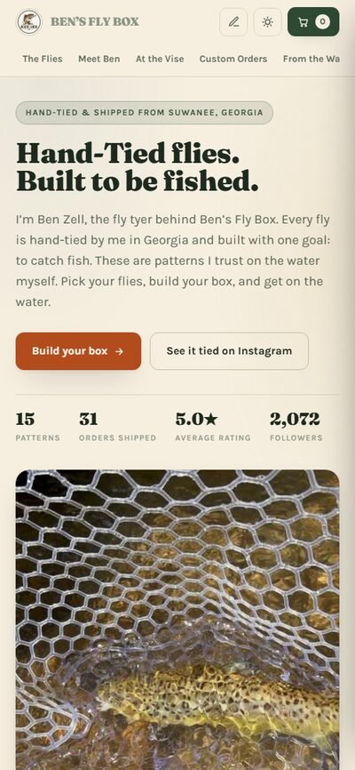 The same Ben&rsquo;s Fly Box page on a phone, laid out for a narrow screen
